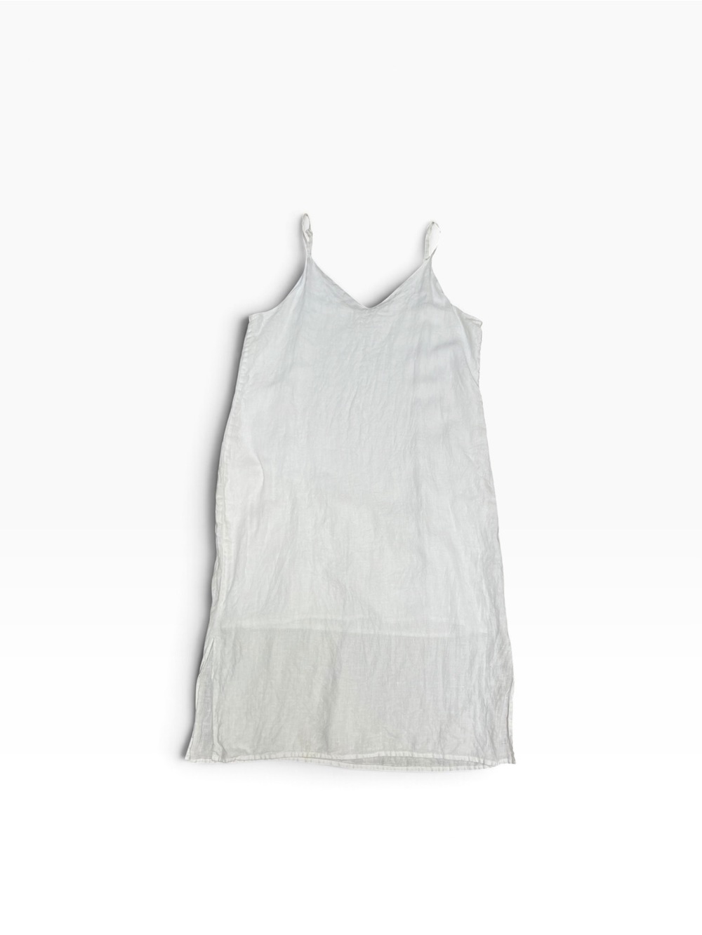 Women's White Linen Midi Slip Dress with V-Neck